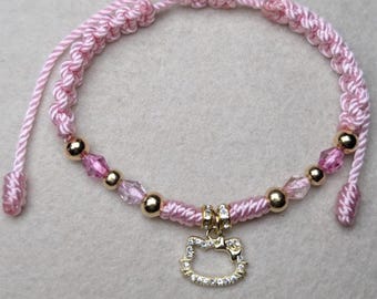 Bracelet with  Kitty Charm, Handmade , Adjustable cord, for women