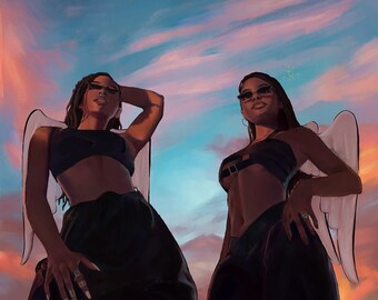 May include: Two people wearing black clothing and sunglasses pose with angel wings against a pink and blue sunset sky.
