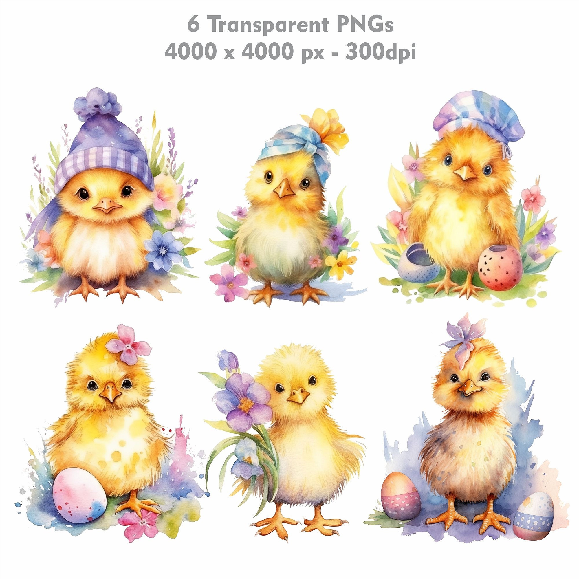 6 Easter Theme Baby Chicks in Watercolor Pastel Shades PNG With ...