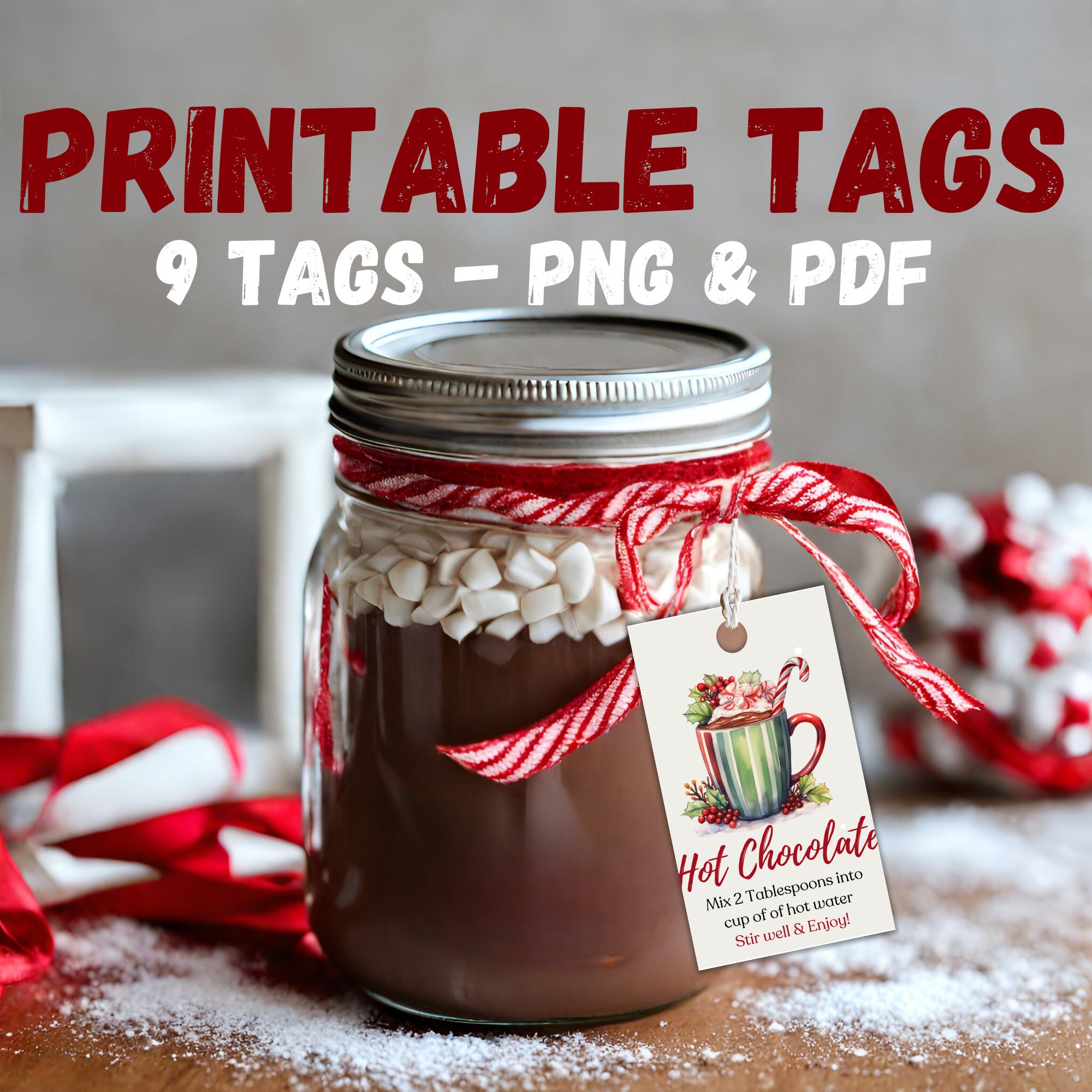 Printable Gift Jar Tags Christmas Hot Chocolate Set of 9 Watercolor