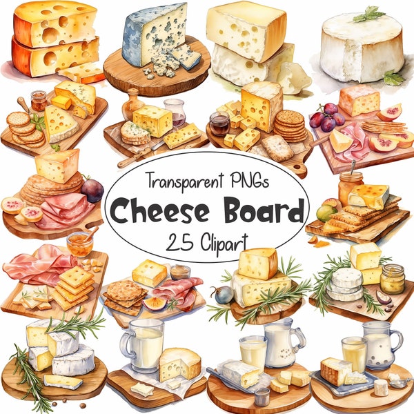 25 Cheese and Charcuterie Board Designs in Watercolor | Entertainment Deli Catering | Digital Clipart Graphics | PNG Transparent Background