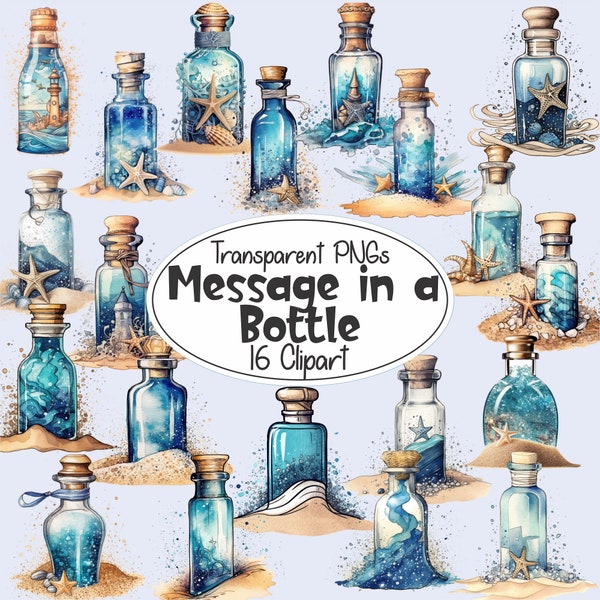 16 Beach Theme Message in a Bottle Watercolor Clipart | PNG with Transparent Background | Digital Download Graphics | Nautical