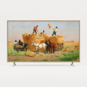 Könnte beinhalten: Ein Gemälde, das eine Gruppe von Menschen zeigt, die Heu auf einen von Pferden gezogenen Wagen laden. Die Szene spielt auf einem Feld mit blauem Himmel und flauschigen weißen Wolken. Die Menschen sind in einfache Kleidung gekleidet und arbeiten zusammen, um das Heu zu laden. Die Pferde sind braun und weiß und ziehen den Wagen mühelos.