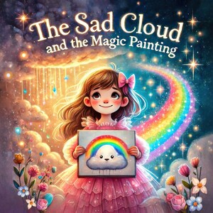 Könnte beinhalten: Digitale Illustration eines jungen Mädchens, das ein Gemälde eines Regenbogens und einer lächelnden Wolke hält. Das Mädchen trägt ein rosa Kleid und hat eine rosa Schleife im Haar. Der Titel "The Sad Cloud and the Magic Painting" steht oben.