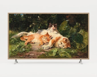 Cute Cat Vintage Art TV for Pet Lovers, Wall Decor Kitten Painting Samsung Frame Tv Art, and LG OLED Art Gallery, Sleeping Orange Cat 4K