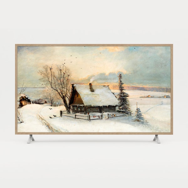 Vintage Village Winter Oil Painting for TV, Snow Cabin & Holiday Classic Art Tv, Rustic Lodge Home Decor Samsung Frame Tv, LG OLED Art Tv