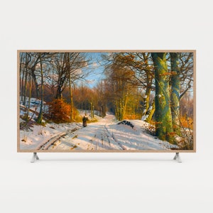 May include: A painting depicting a snowy forest path with a solitary figure walking in the distance. The trees are bare and the ground is covered in snow. The sun is shining brightly, casting long shadows.