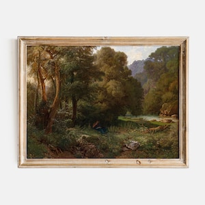 Könnte beinhalten: Gerahmtes Landschaftsgemälde, das eine Waldszene mit einem Fluss zeigt. Das Kunstwerk verwendet Grün-, Braun- und Blautöne, mit einer Person, die sich am Ufer ausruht. Der Rahmen hat eine hellgoldene Farbe. Das Gemälde strahlt Ruhe aus.