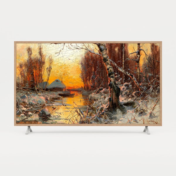 Frame TV Rustic Landscape Art - Vintage Sunset Oil Painting Optimized for Digital Display, 4K UHD Download