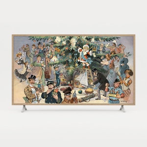 Puede incluir: Una ilustración navideña vintage que representa un gran árbol de Navidad decorado con una variedad de personas reunidas a su alrededor. Las personas están vestidas con atuendos festivos y sostienen regalos y otros artículos navideños. La escena está llena de alegría y jolgorio.
