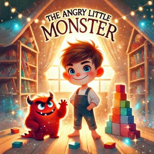 Könnte beinhalten: Kinderillustration mit einem Jungen und einem roten Monster. Der Text "THE ANGRY LITTLE MONSTER" ist zu sehen. Der Junge trägt eine Latzhose und steht neben bunten Bauklötzen.