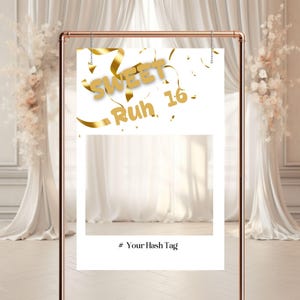 Sweet 16 Birthday Photo Booth Frame, Photo Prop Frame Printable Template, Birthday Selfie Frame, White And Gold Glitter Birthday Photo Decor