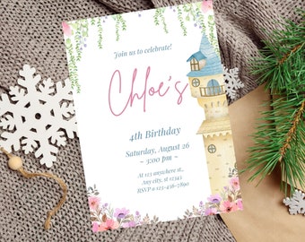 Invitación de cumpleaños de princesa editable, castillo de princesita, invitación de cumpleaños imprimible, invitación de niña, fiesta de cumpleaños de princesa Evite