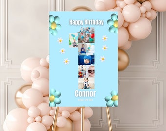 Placa comemorativa do primeiro aniversário da Daisy, pôster da Daisy para meninos, colagem de fotos da Daisy, primeiro aniversário da Daisy azul, pôster com grade de fotos, painel de fotos