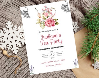 Invitación de cumpleaños de fiesta de té EDITABLE, invitación digital de princesa, fiesta de té de princesa de cumpleaños, invitación de cumpleaños número 30, invitación a fiesta de té