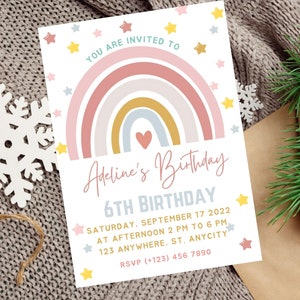 Rainbow Birthday Invitation for Girls, Gold Stars Modern/Boho Rainbow, Fun Girls Birthday Invitation Template, Editable Printable Download