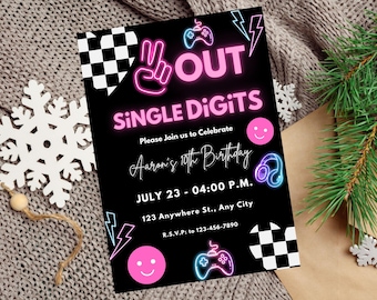 Out Single Digits Birthday Invitation, Checkered Birthday Invitation, Editable Double Digits Birthday Party, Peace Out Single Digits Invite