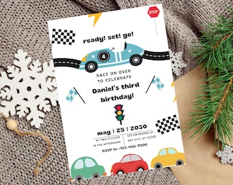 Cars Verjaardagsuitnodiging Sjabloon Verjaardagsfeestje Uitnodiging Jongen Raceauto Verjaardagsfeestje Uitnodiging Bewerkbare uitnodiging