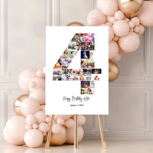 Plantilla de collage de fotos para el cuarto cumpleaños, cartel de bienvenida para el cuarto cumpleaños, cartel de hito fotográfico para el cuarto cumpleaños de género neutro, collage de números 4, Canva