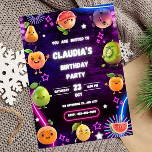 Editable Dancing Fruit Invitation Template, Hey Bear Sensory Birthday Invite, Dancing Fruit Invite, Fruits And Veggies Birthday Invitation