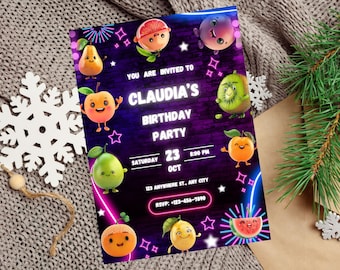 May include: A colorful birthday party invitation with a neon glow. The invitation features a brick background with fruit characters and the text "YOU ARE INVITED TO CLAUDIA'S BIRTHDAY PARTY SATURDAY 23 OCT 8:00 PM 123 ANYWHERE ST., ANY CITY RSVP: +123-456-7890".
