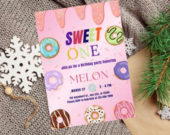 Editable Sweet One Birthday Invitation Donut Birthday Party 1st Birthday Girl Card Instant Download