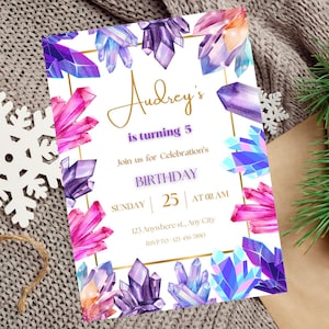 She&#39;s a Gem Birthday Invitation, Crystal Gemstone Birthday Invitation Template, Editable Geology Rock Invite, Colorful Crystal Birthday