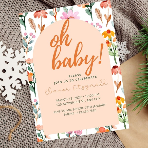 Baby In Bloom Invitation, Baby Shower invitation, Spring summer floral Baby shower, Digital Baby shower invitation template