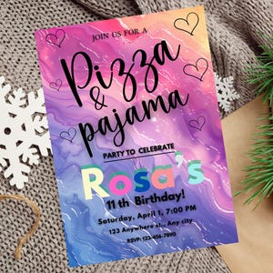 Invitación editable a fiesta de pijamas y pizza, plantilla de invitación de cumpleaños para niñas, descarga instantánea de fiesta de pijamas para niñas, invitación para dormir