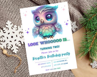 May include: A birthday party invitation featuring a colorful cartoon owl with large eyes. The invitation reads "LOOK WHOOOOO IS... TURNING TWO!" and includes party details. The design incorporates shades of blue, purple, and green.