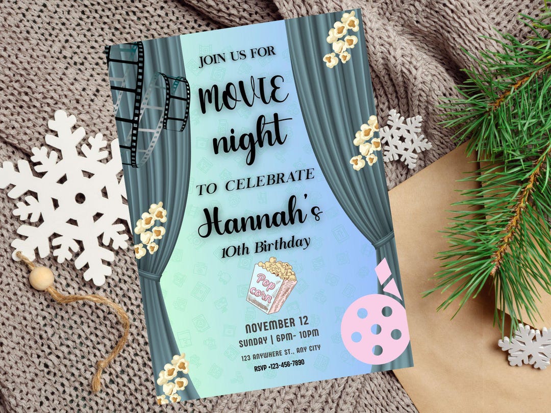 Editable Movie Birthday Invitation Template, Pop on Over for a Movie ...