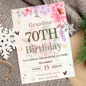 Uitnodiging voor 70e verjaardagsfeestje voor moeder oma, bloemen verjaardagsuitnodiging voor grootmoeder, bewerkbare sjabloon voor 70e verjaardagsfeestje