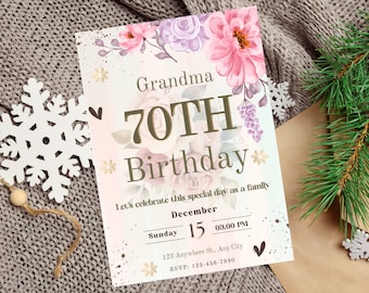 70th Birthday Party Invitation for Mother Grandma, Floral Birthday Invite For Grandmother, Editable 70th Birthday Party Invitation Template