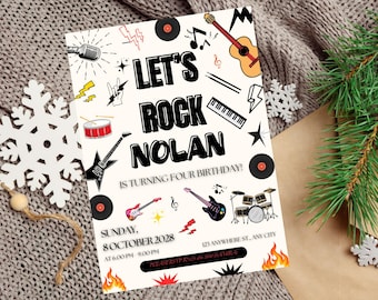 May include: A white and black birthday party invitation with the text "Let's Rock Nolan is turning four birthday!"  The invitation features musical instruments, stars, and lightning bolts. The date and time of the party are listed as "Sunday, 8 October 2028 at 6:00 PM - 9:00 PM".