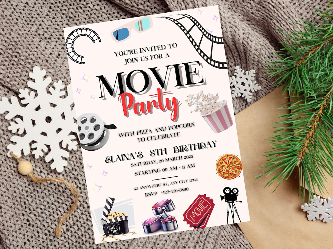 Editable Movie Birthday Invitation Template, Pop on Over for a Movie ...