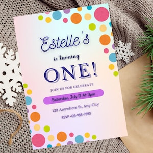 de Invitation d'anniversaire à pois arc-en-ciel | Invitation modifiable pour le 1er anniversaire à pois | de fête imprimable sans distinction de genre | Téléchargement instantané