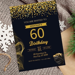 Editable 60th Invitation 60th Birthday Invitation Template, Gold 60th Invitation, Editable, Printable