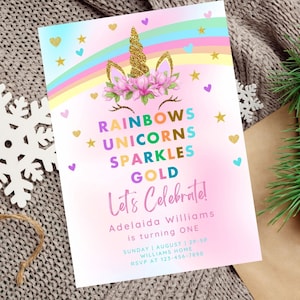 Editable Unicorn Rainbow Birthday Invitation Template, Rainbow Unicorn Birthday Invitation, Rainbows Sparkles and Gold Invitation,