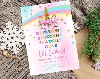 Pode incluir: Um convite rosa e arco-íris com uma ilustração de unicórnio. O texto diz "RAINBOWS UNICORNS SPARKLES GOLD Let's Celebrate! Adelaida Williams is turning ONE SUNDAY | AUGUST | 2P-5P WILLIAMS HOME RSVP AT 123-456-7890"