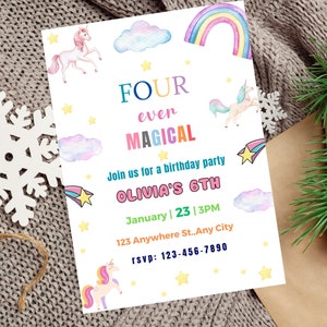 Modèle d'invitation de 4e anniversaire licorne modifiable, quatre jamais magiques, invitation fille, quatrième anniversaire, pastel, téléchargement arc-en-ciel