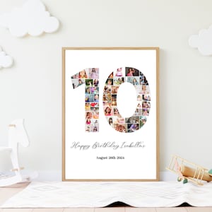 K&ouml;nnte beinhalten: Ein wei&szlig;er Poster mit einer Fotocollage der Zahl 10, die aus Bildern zusammengesetzt ist. Der Text "Happy Birthday Isabella's" und "August 26th 2024" befindet sich unter der Zahl.
