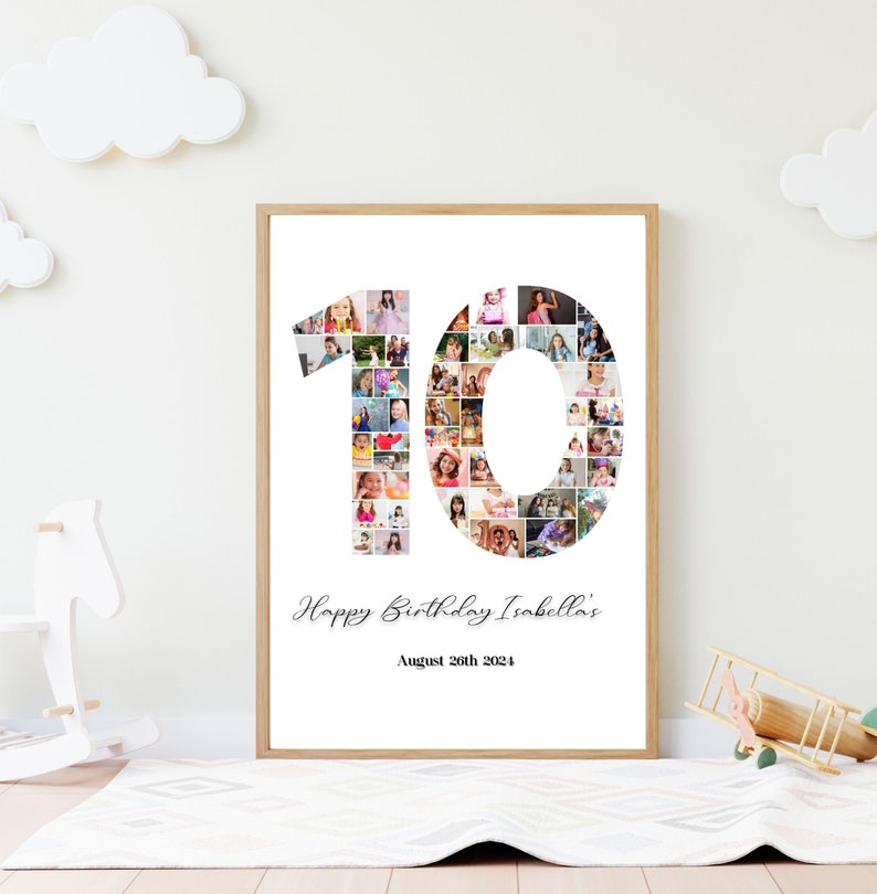K&ouml;nnte beinhalten: Ein wei&szlig;er Poster mit einer Fotocollage der Zahl 10, die aus Bildern zusammengesetzt ist. Der Text "Happy Birthday Isabella's" und "August 26th 2024" befindet sich unter der Zahl.
