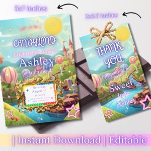 May include: Two invitations for a Candyland-themed birthday party. The main invitation is 5x7 inches and the thank you card is 2x3.5 inches. Both feature a colorful Candyland landscape with lollipops, a castle, and the name "Ashley".
