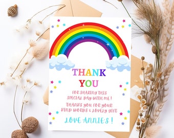 May include: A rainbow thank you card with stars and clouds. The text reads "Thank You" in colorful letters. The card says "For sharing this special day with me! Thanks you for your kind words & lovely gift. Love Annie's!"