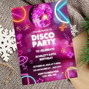 Editable Disco Party Birthday Invitation Glow Neon Party Invitation Printable Template Instant Download