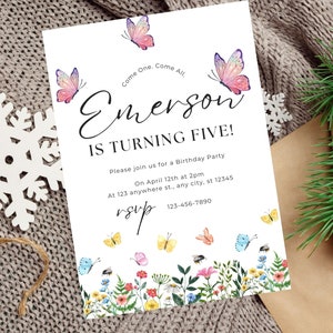 Schmetterling Geburtstagseinladung Vorlage, 1. Geburtstag einladen, Unser kleiner Schmetterling einladen, Geburtstagskind Schmetterling Party, Wildblumen einladen