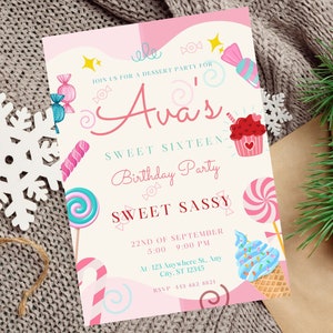 Editable Candy Sweet Sassy Girl birthday invitation, Pink Sixteen Year Dessert Invite, Candy Sweets Donut Ice Cream Cupcake Invitation