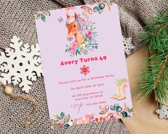 EDITABLE Horse Birthday Invitation Saddle Up Cowgirl Invite Template Country Western Party Floral Girl Printable Instant Download