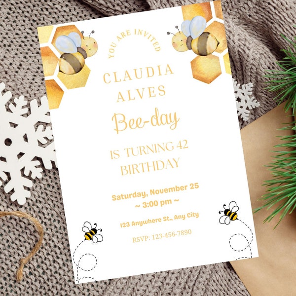 Editable Bee Birthday Invitation Bee Birthday, Honey Bee Invitation Invitation Template Honeycomb