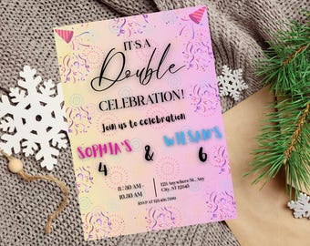 Invito di compleanno congiunto modificabile, modello di invito di compleanno tra fratelli, stampabile per doppia festa, download digitale Canva